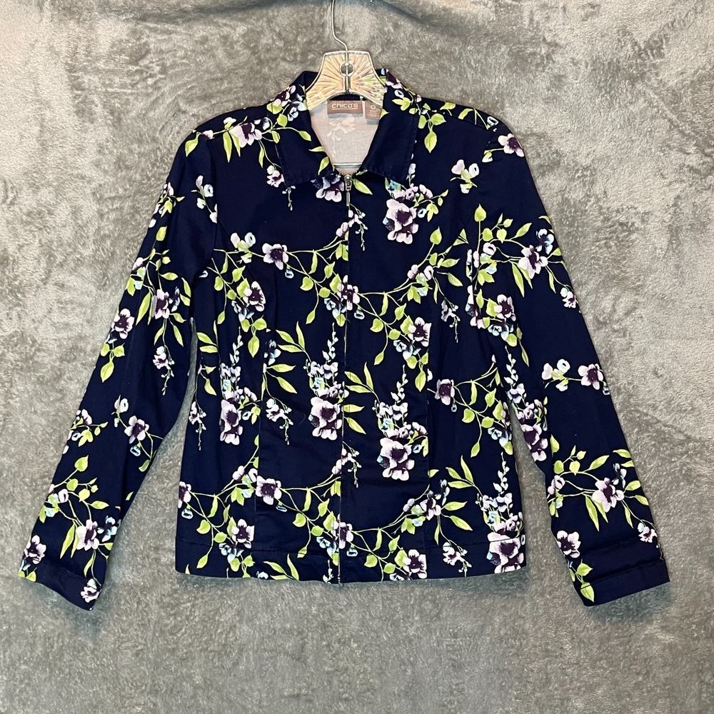 Chicos 0 Womens Colorful Floral Bloomcore Full Zip Lightweight Slim Jacket S